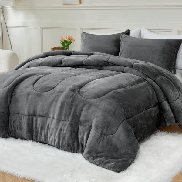 YIYEA Faux Fur Comforter Set King Size, Luxury Ultra Soft Fuzzy Comforter, Fluffy Plush Velvet Bedding Comforter Sets for Fall Winter, Cozy Warmth, No Shedding, 3PC, Dark Grey - Image 2