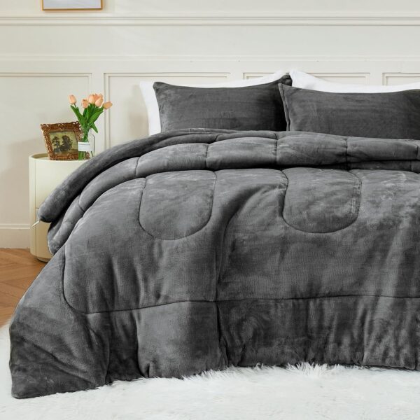 YIYEA Faux Fur Comforter Set King Size, Luxury Ultra Soft Fuzzy Comforter, Fluffy Plush Velvet Bedding Comforter Sets for Fall Winter, Cozy Warmth, No Shedding, 3PC, Dark Grey - Image 6