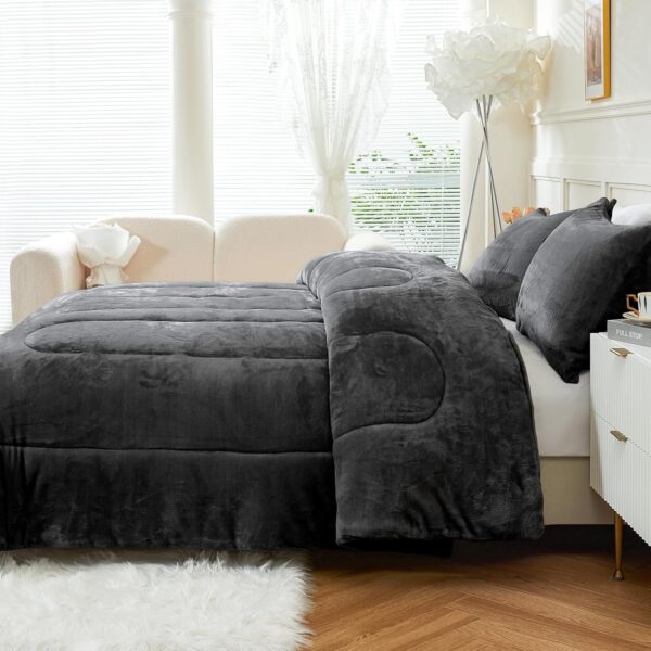 YIYEA Faux Fur Comforter Set King Size, Luxury Ultra Soft Fuzzy Comforter, Fluffy Plush Velvet Bedding Comforter Sets for Fall Winter, Cozy Warmth, No Shedding, 3PC, Dark Grey - Image 8