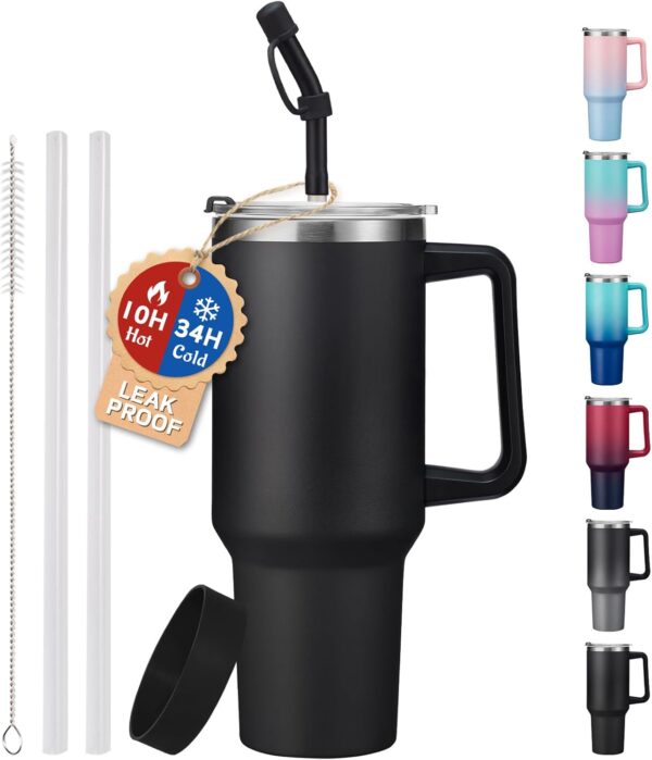 40oz Tumbler with Handle and Straw Lid - Insulated Water Bottle Keep Cold-34H, Stainless Steel Hydro Cup Travel Flask with Dust-proof Cap, Rubber Base, Coffee Mug for Men Women