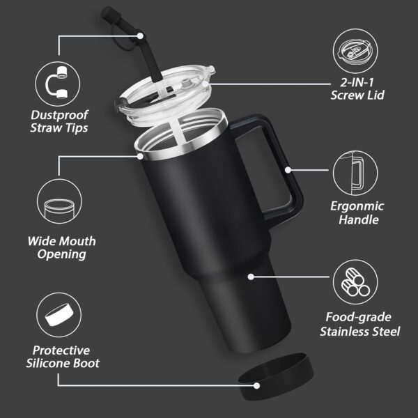 40oz Tumbler with Handle and Straw Lid - Insulated Water Bottle Keep Cold-34H, Stainless Steel Hydro Cup Travel Flask with Dust-proof Cap, Rubber Base, Coffee Mug for Men Women - Image 4