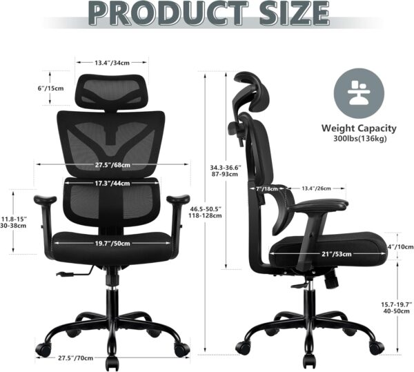 Office Chair Ergonomic Desk Chair, High Back Gaming Chair, Big and Tall Reclining Comfy Home Office Chair Lumbar Support Breathable Mesh Computer Chair Adjustable Armrests (Black) - Image 4