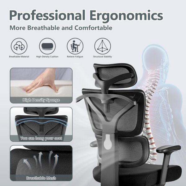 Office Chair Ergonomic Desk Chair, High Back Gaming Chair, Big and Tall Reclining Comfy Home Office Chair Lumbar Support Breathable Mesh Computer Chair Adjustable Armrests (Black) - Image 5