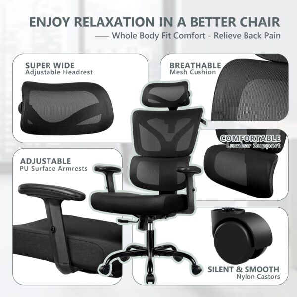 Office Chair Ergonomic Desk Chair, High Back Gaming Chair, Big and Tall Reclining Comfy Home Office Chair Lumbar Support Breathable Mesh Computer Chair Adjustable Armrests (Black) - Image 6