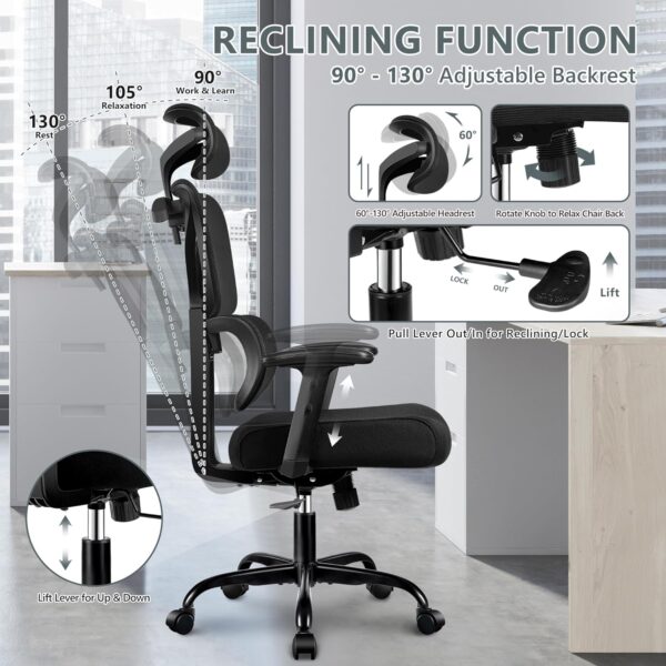 Office Chair Ergonomic Desk Chair, High Back Gaming Chair, Big and Tall Reclining Comfy Home Office Chair Lumbar Support Breathable Mesh Computer Chair Adjustable Armrests (Black) - Image 3