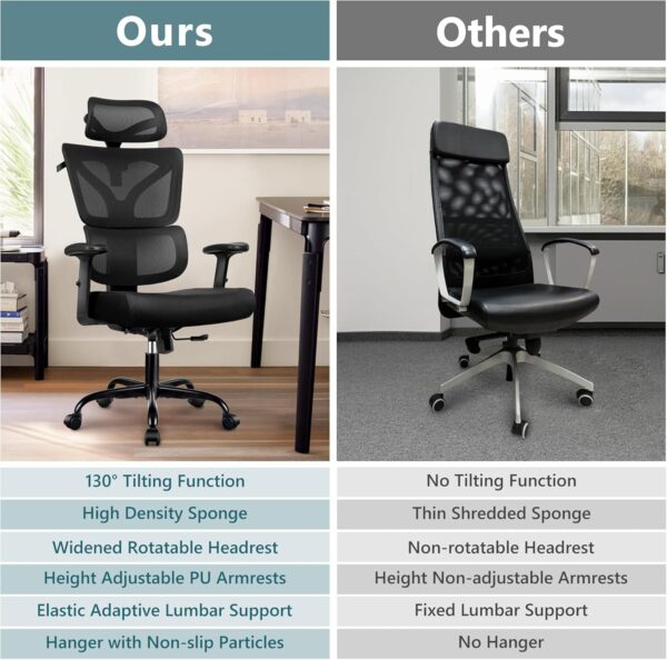 Office Chair Ergonomic Desk Chair, High Back Gaming Chair, Big and Tall Reclining Comfy Home Office Chair Lumbar Support Breathable Mesh Computer Chair Adjustable Armrests (Black) - Image 7