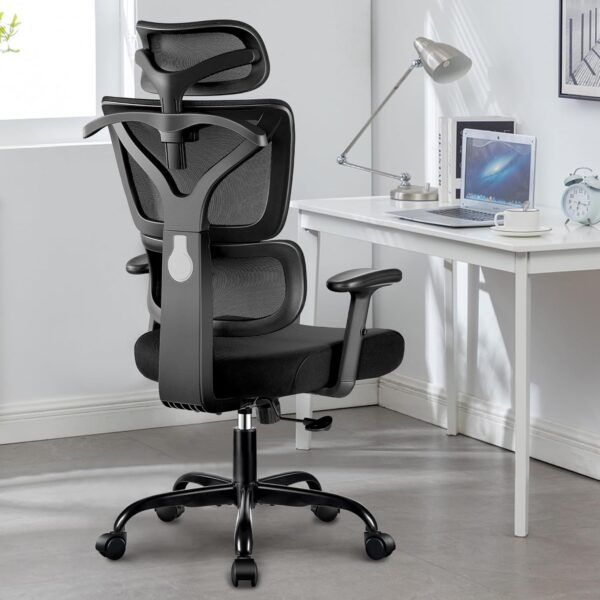 Office Chair Ergonomic Desk Chair, High Back Gaming Chair, Big and Tall Reclining Comfy Home Office Chair Lumbar Support Breathable Mesh Computer Chair Adjustable Armrests (Black) - Image 2